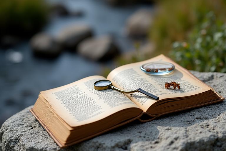 Entomologisches Handbuch und Lupe neben Insektenlarven