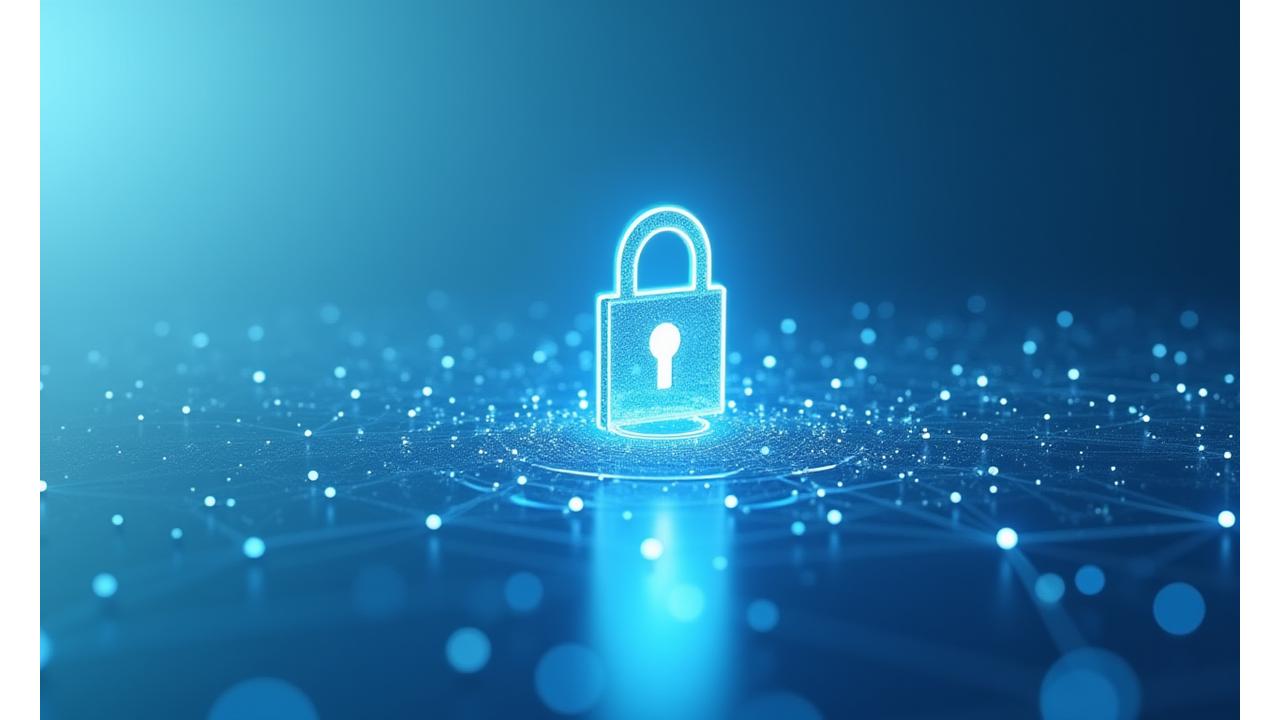 Ein geschütztes Vorhängeschloss in einem stilisierten Datennetzwerk, symbolisiert Datensicherheit.