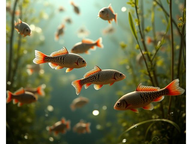 Ein Schwarm Egli (Flussbarsche) unter Wasser bei Pflanzenbewuchs
