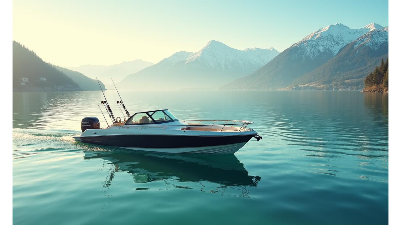 Panoramablick auf den Vierwaldstättersee mit Angelboot und majestätischen Alpen im Hintergrund bei Sonnenaufgang