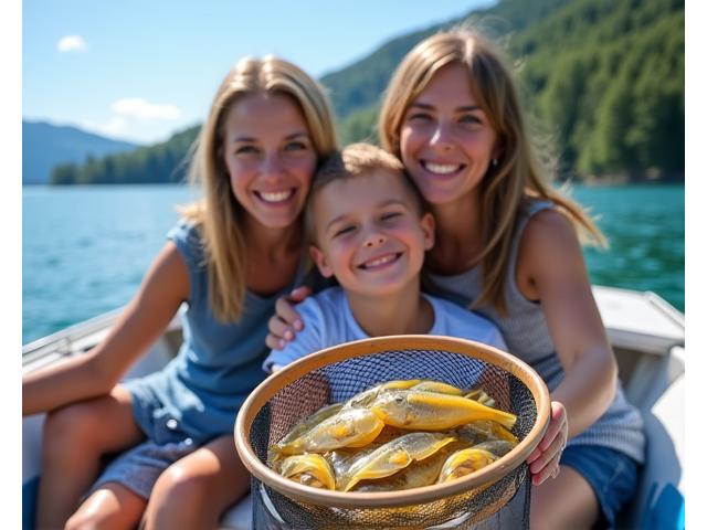 Lachende Familie zeigt einen Eimer voller Egli (Flussbarsche) auf einem Boot