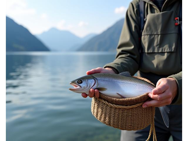 Angler zeigt einen Korb voller Felchen (Coregonen) vor der Alpenkulisse