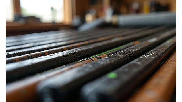 Detailansicht verschiedener Angelruten-Blanks in einem Rutenbaustudio.