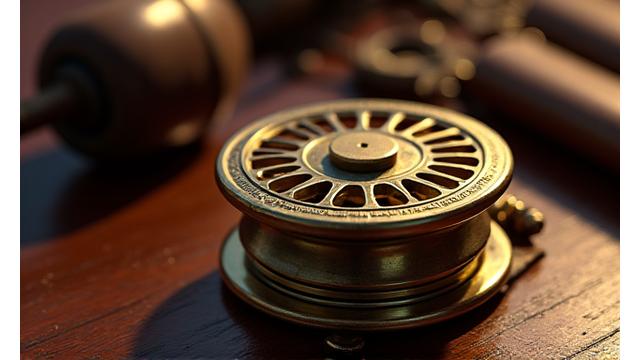 Nahaufnahme einer seltenen, makellosen Vintage Hardy Angelrolle.