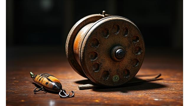 Eine historische, gut erhaltene Angelrolle auf einem alten Holztisch.