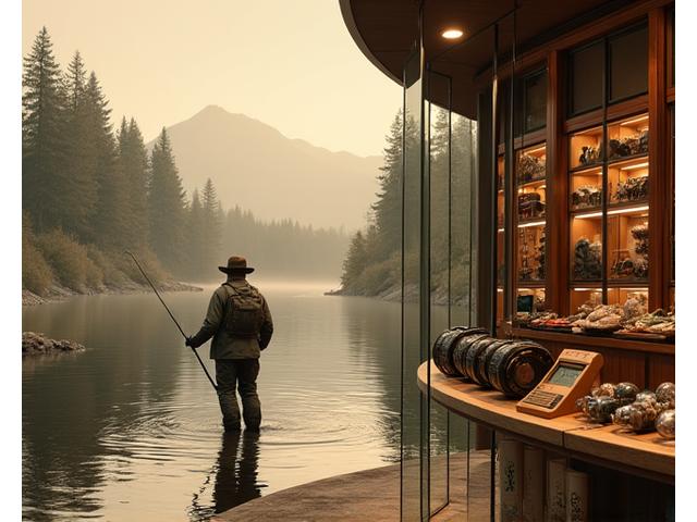 Blick auf traditionelle und moderne Angelausrüstung im Helvetia Angler Geschäft, im Hintergrund ein altes Foto von Gründern die Fische fangen.