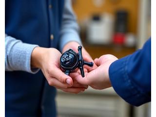Ein Techniker bei Helvetia Angler prüft eine Angelrolle am Empfang. Handshake, Vertrauen.
