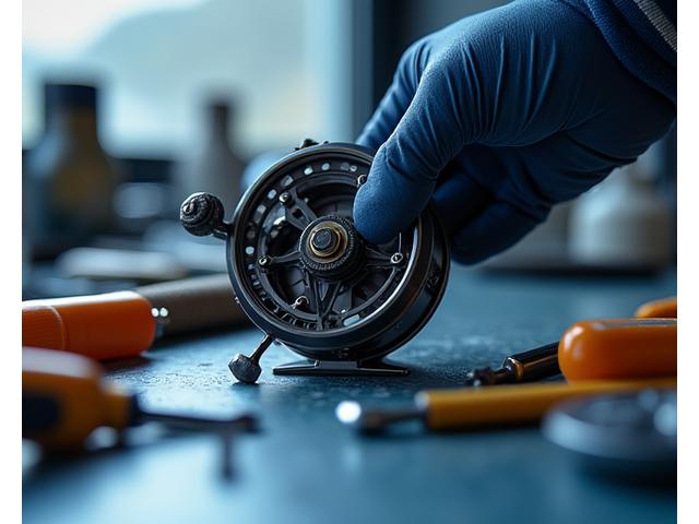 Detailansicht einer Baitcaster-Rolle im Zerlegungsprozess mit Spezialwerkzeug, zeigt präzise Mechanik und sorgfältige Handarbeit.