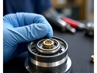Ein Techniker verwendet ein Messschieber, um ein kleines Zahnrad einer Angelrolle zu vermessen.