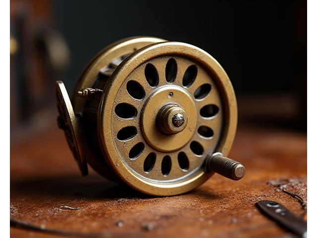 Eine gut erhaltene Vintage-Angelrolle mit Patina, im Fokus einer Detailaufnahme.