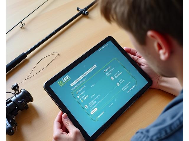Ein Angler studiert eine Schritt-für-Schritt-Anleitung auf einem Tablet neben einer modernen Angelrute und Rolle
