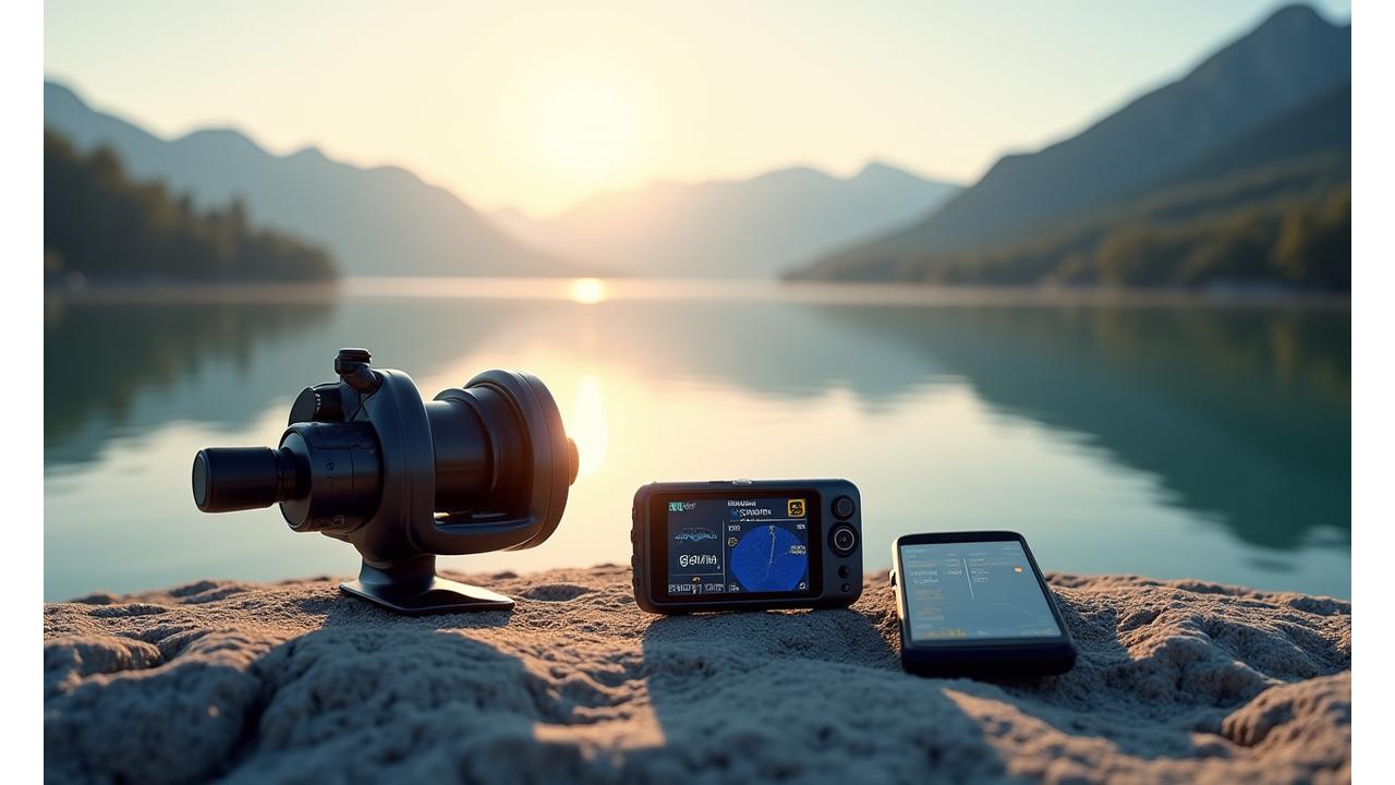Hochmoderne Angelausrüstung mit Echolot, connected reel und Smartphone-App in einer sauberen Schweizer Bergsee-Umgebung