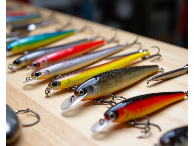 Nahaufnahme verschiedener selbstgemachter Wobbler und Jigs