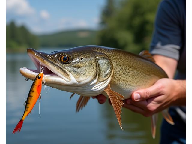Ein Angler hält einen selbstgebauten Hechtwobbler neben einem grossen Hecht